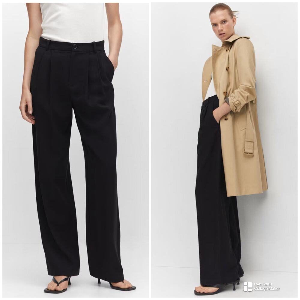 MNG Mango Wide Leg Pleated Trousers High Waisted Pants US Size 12 NEW Black